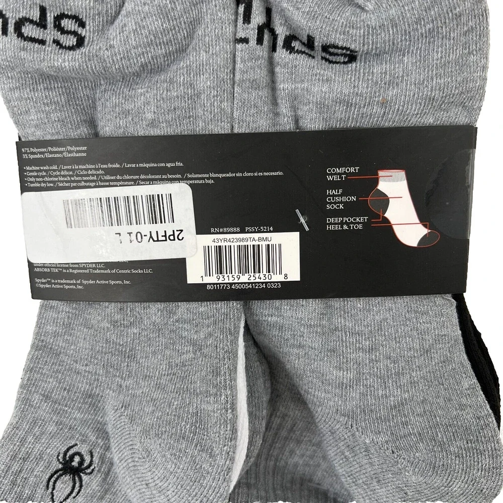 NEW Spyder Men Stripe Quarter Socks 5 Pairs White Black Gray Shoe Size 6 -12